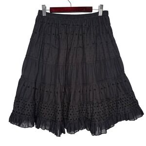 Solitaire Black Eyelet Ruffle Skirt‎ Size S Romantic Tiered Boho Lined Cotton
